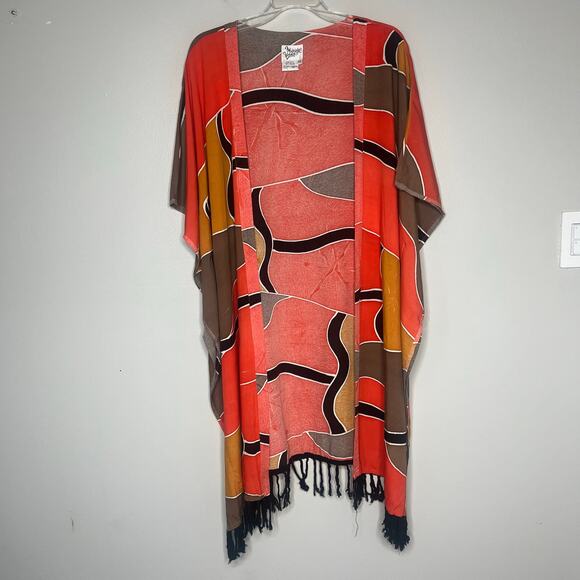 Midnight Velvet Jackets & Blazers - Midnight Velvet Duster Kimono Shawl Fringe Sz 2X Boho Lagenlook Artsy Abstract